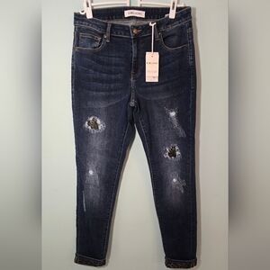Dark Blue Lined Camo Stretchy Warm Distressed Jeans With Cuff Detail